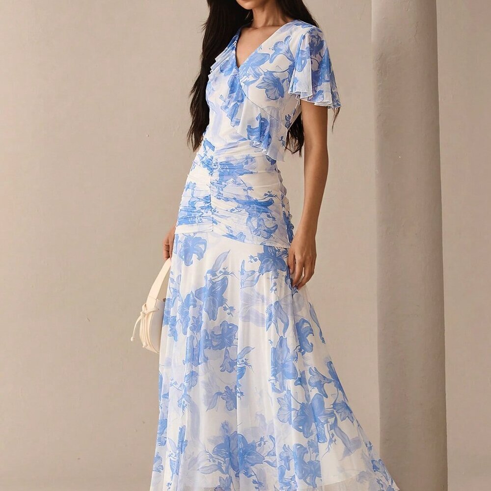 Blue Elegant Women's Floral Maxi Dress with V-Neck Short Sleeves, Ruched Print
